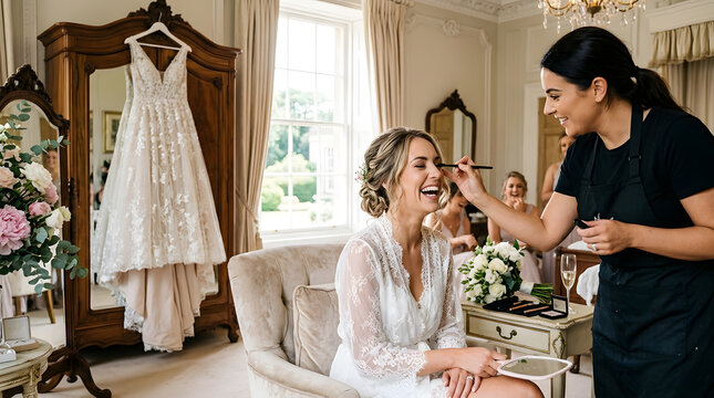 Luxury Wedding Morning Scene Featuring Bride, Makeup Artist and Elegant Bridal Gown