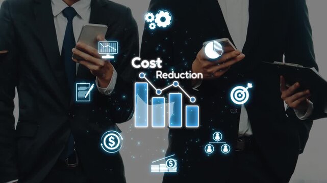A group of business professionals focused on cost reduction strategies using smartphones and tablets. Iconography highlights themes of financial growth and data analysis. Raster