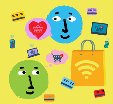 Online shopping illustration with emojis, shopping bag and tech