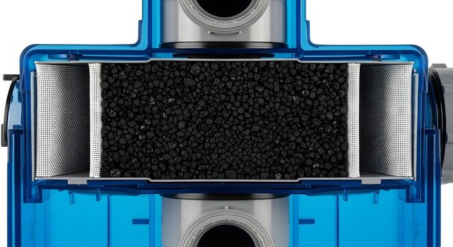 Cross section of a water filter showing activated carbon granules inside.