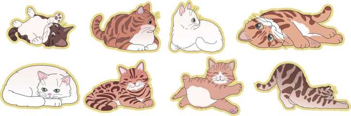 Cute cartoon cat sticker collection featuring playful kittens, sleeping felines and expressive pet characters. Adorable animal clipart set for kids designs. © Vivid Pixel Studio.