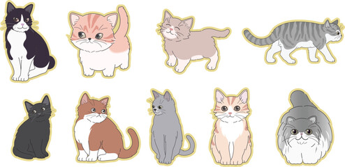 Cute cartoon cat sticker collection featuring playful kittens, sleeping felines and expressive pet characters. Adorable animal clipart set for kids designs. © Vivid Pixel Studio.