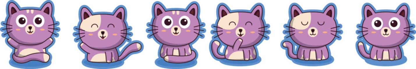 Cute cartoon cat sticker collection featuring playful kittens, sleeping felines and expressive pet characters. Adorable animal clipart set for kids designs. © Vivid Pixel Studio.