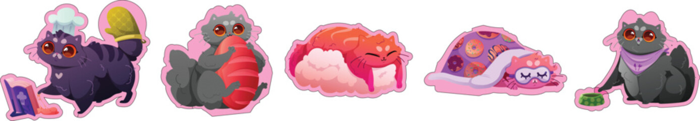 Cute cartoon cat sticker collection featuring playful kittens, sleeping felines and expressive pet characters. Adorable animal clipart set for kids designs. © Vivid Pixel Studio.