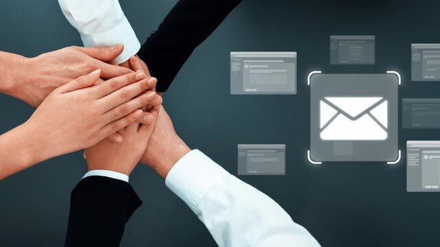 A compelling image showing hands united over a digital background with email icons, symbolizing teamwork and effective communication in a professional environment. Raster