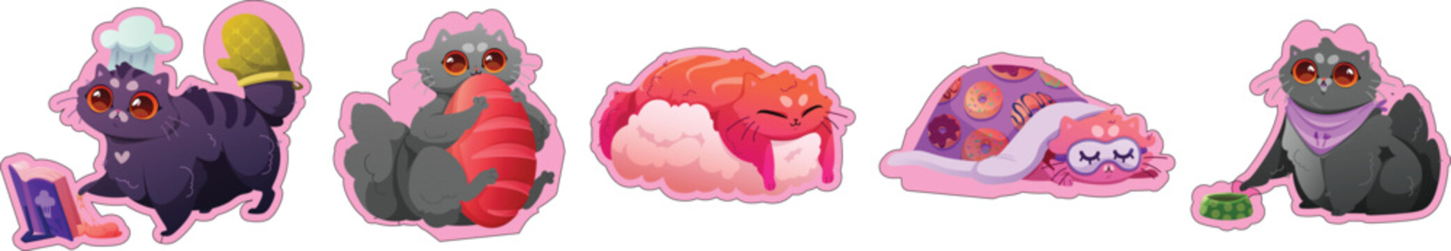 Cute cartoon cat sticker collection featuring playful kittens, sleeping felines and expressive pet characters. Adorable animal clipart set for kids designs.
