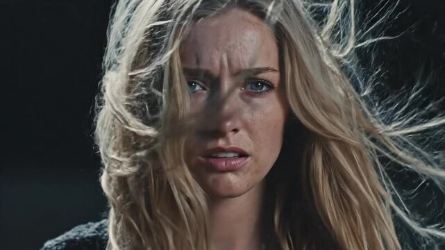 Lonely girl with blue eyes experiences confusion in a dark setting while wind blows through her hair
