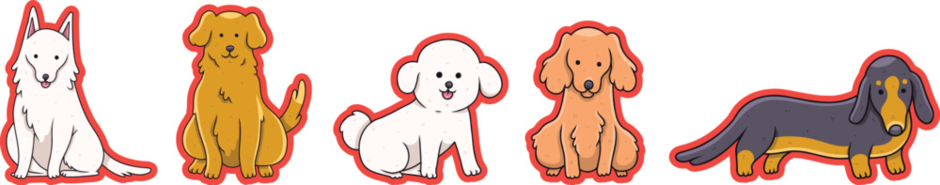 Cute cartoon dog sticker collection featuring playful puppies, expressive pet emotions and adorable canine characters. Charming animal illustrations for design.