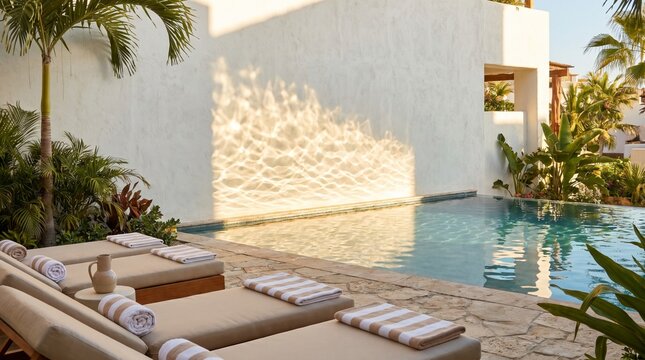 Luxury tropical resort swimming pool with sunbeds and water reflections on wall