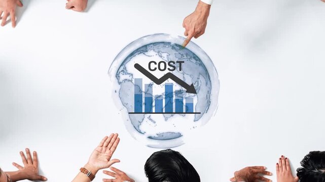 A diverse group of professionals collaborates on cost reduction strategies, analyzing financial metrics with a world map backdrop, promoting teamwork and innovative solutions. Raster