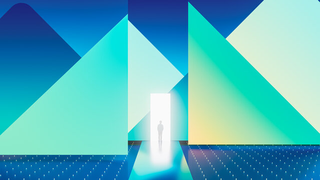 Person stands in front of glowing door in geometric space