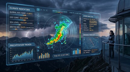 Woman observing advanced weather forecast HUD with storm radar