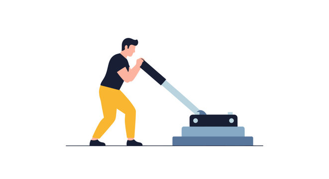 Businessman pushing industrial floor buffer cleaning machine.