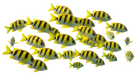 Naklejka premium School of yellow striped damselfish swimming together isolated on white