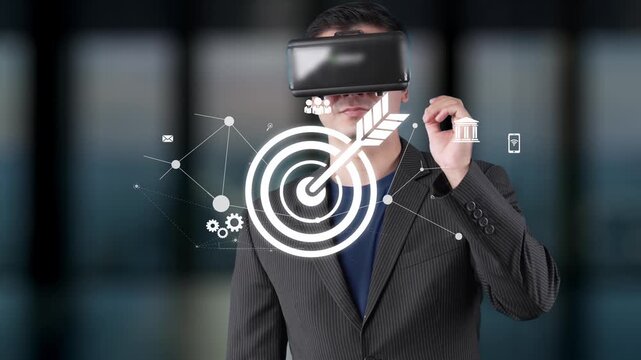 A businessman wearing a virtual reality headset stands in a modern office, immersed in a digital landscape that represents innovation, productivity, and collaboration. Raster