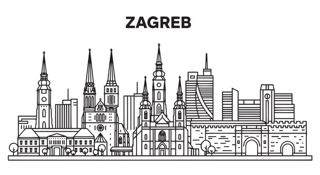 Zagreb Croatia City Skyline Outline Black and White Illustration