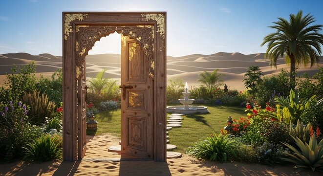 Desert oasis portal surreal scene