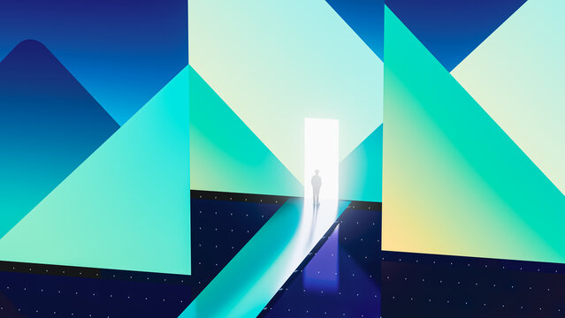 Person stands in front of glowing door in geometric space