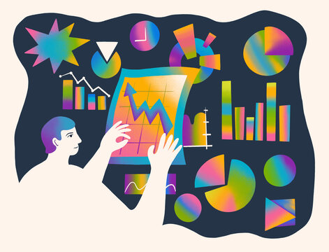 Person analyzing colorful graphs and charts on a screen