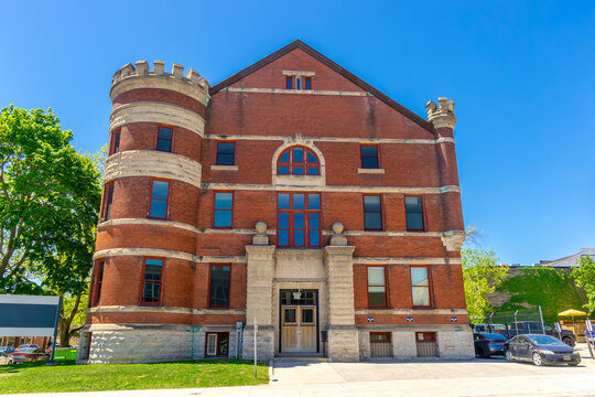 Historic red brick armory building in Stratford, Ontario, Canada constructed around 1905.