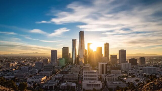 Sunrise time lapse over city skyline captures bright colors and rising light