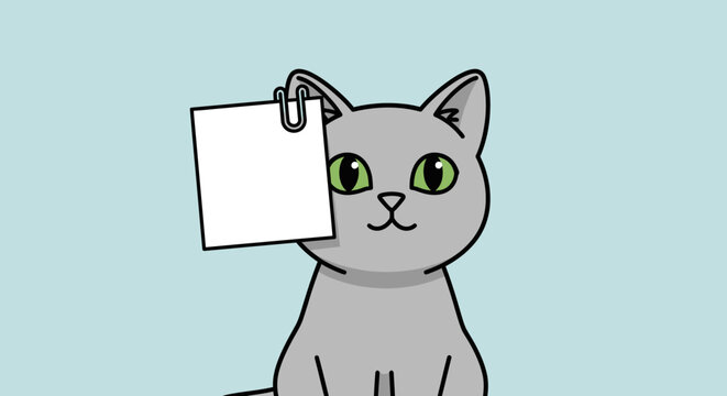 Cute Gray Cat Holding Blank White Note Paper with Clip