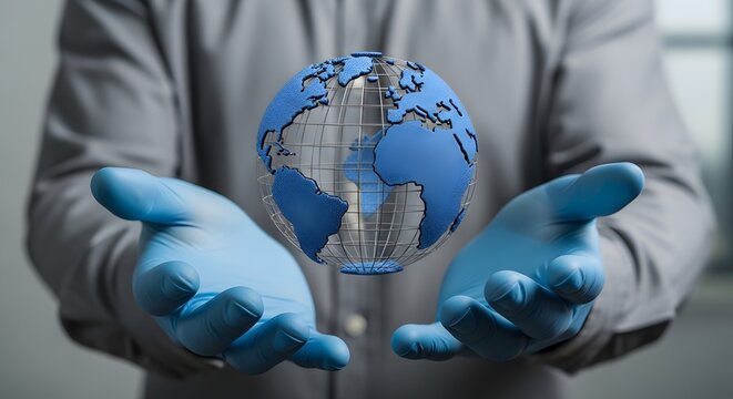 Global health and international medicine concept with medical gloved hands holding a blue 3D wireframe earth globe representing worldwide research