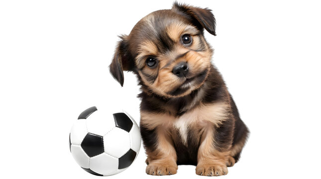 Cute Puppy Sits Beside Soccer Ball Ready to Play
