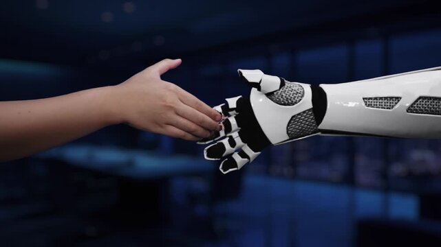 Discover a captivating futuristic representation of affiliate marketing featuring robotic hands reaching for digital icons in a sleek business environment. Synapse