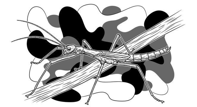 Monochrome line art illustration of a stick insect on branch