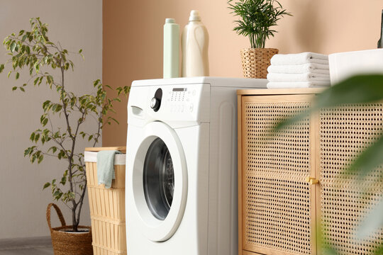 Washing machine with laundry detergents and plant in bathroom