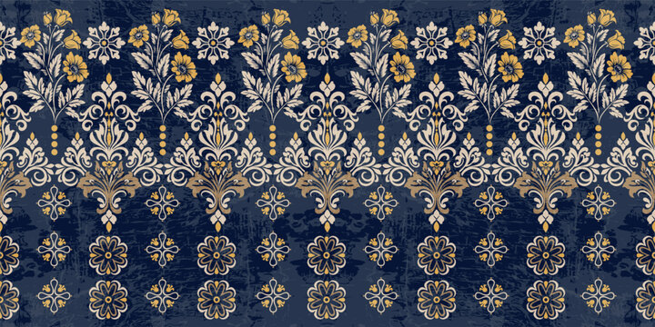 Seamless vector border pattern with ethnic floral and damask motifs, vintage royal ornament on dark blue background.