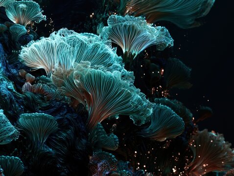 Abstract Underwater Fungi Grow on Dark Background with Glowing Particles