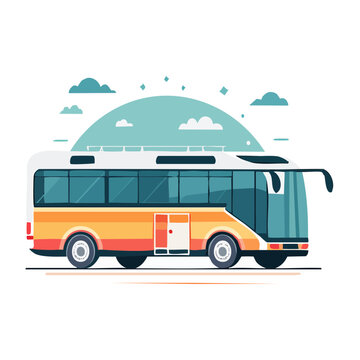 Flat design illustration of a colorful bus with clouds in the