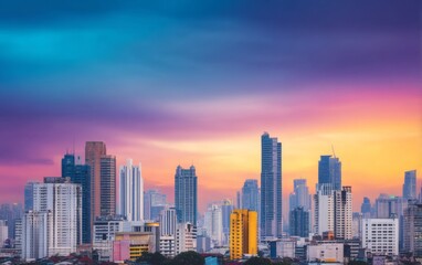 Fototapeta premium Vibrant Urban Cityscape at Dusk with Modern Skyscrapers and Colorful Sky in the Background