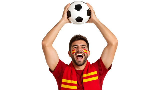 Excited Spanish Football Fan Cheers Holding Ball with Face Paint