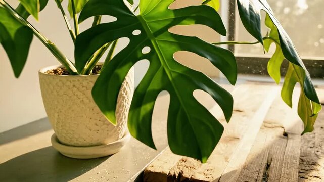 A Monstera plant with multiple leaves situated in a textured, round white pot that sits on a wooden panel. The interplay of light and shadows 