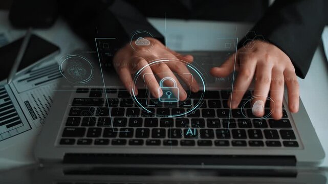 Cybersecurity system interface with biometric lock and data protection. Cybersecurity protects access, identity, cyber security prevents threats, and cyber security supports digital systems. Marrow