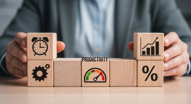 Business Productivity Visualization with Wooden Blocks and Key Icons