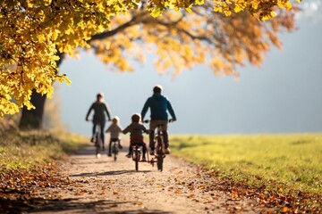 Fototapeta premium Family cycling on autumn path with golden light and colorful trees