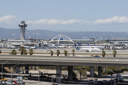 Los Angeles, CA, USA - May 10, 2022: Exterior view of Los Angeles International Airport (LAX), the primary international airport serving Los Angeles and its surrounding metropolitan area in California