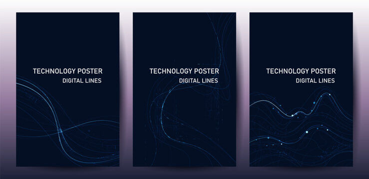 Abstract Blue Digital Light Lines Poster Set Vector Background