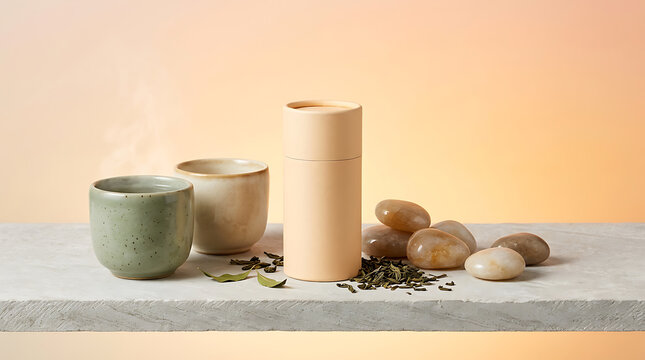 Earthy ceramic bowls and diffuser with natural stone textures