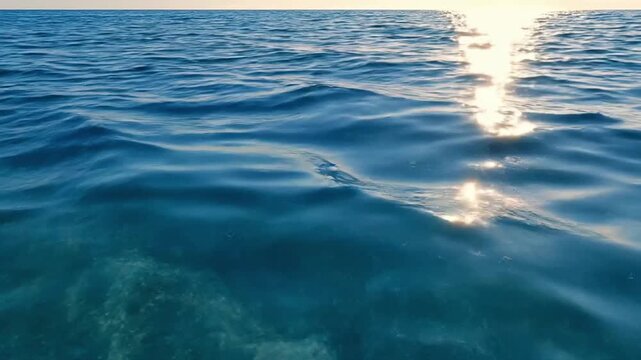 Blue water waves at sunset with sunlight reflecting off the ocean surface