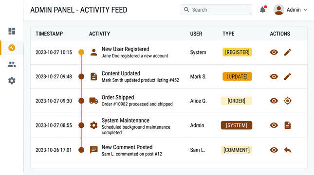 Admin Panel Activity Feed - User Registration, Order, System Maintenance
