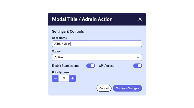 Admin Panel Modal UI: Settings, Controls, and User Management