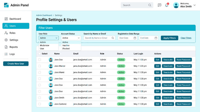 Admin Panel User Management Interface