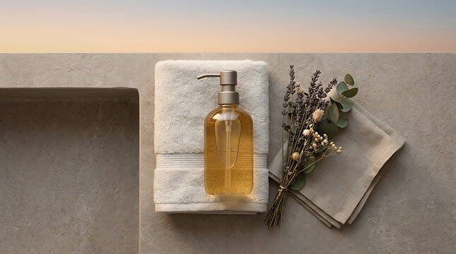 Luxury bathroom scene with a bathtub, soft towels, and bath prod