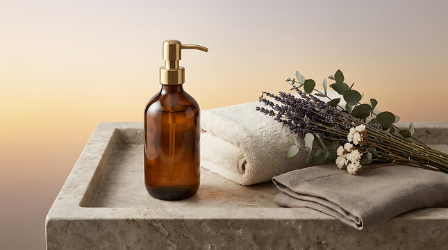 Amber soap bottle on a marble tray with lavender sprigs and a fo