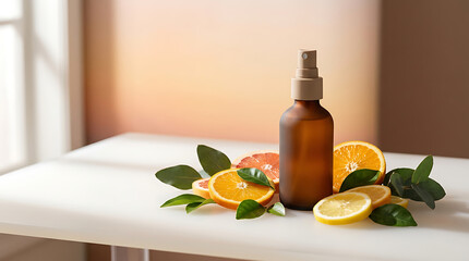 Essential oil bottle with fresh orange slices and lemon wedges o